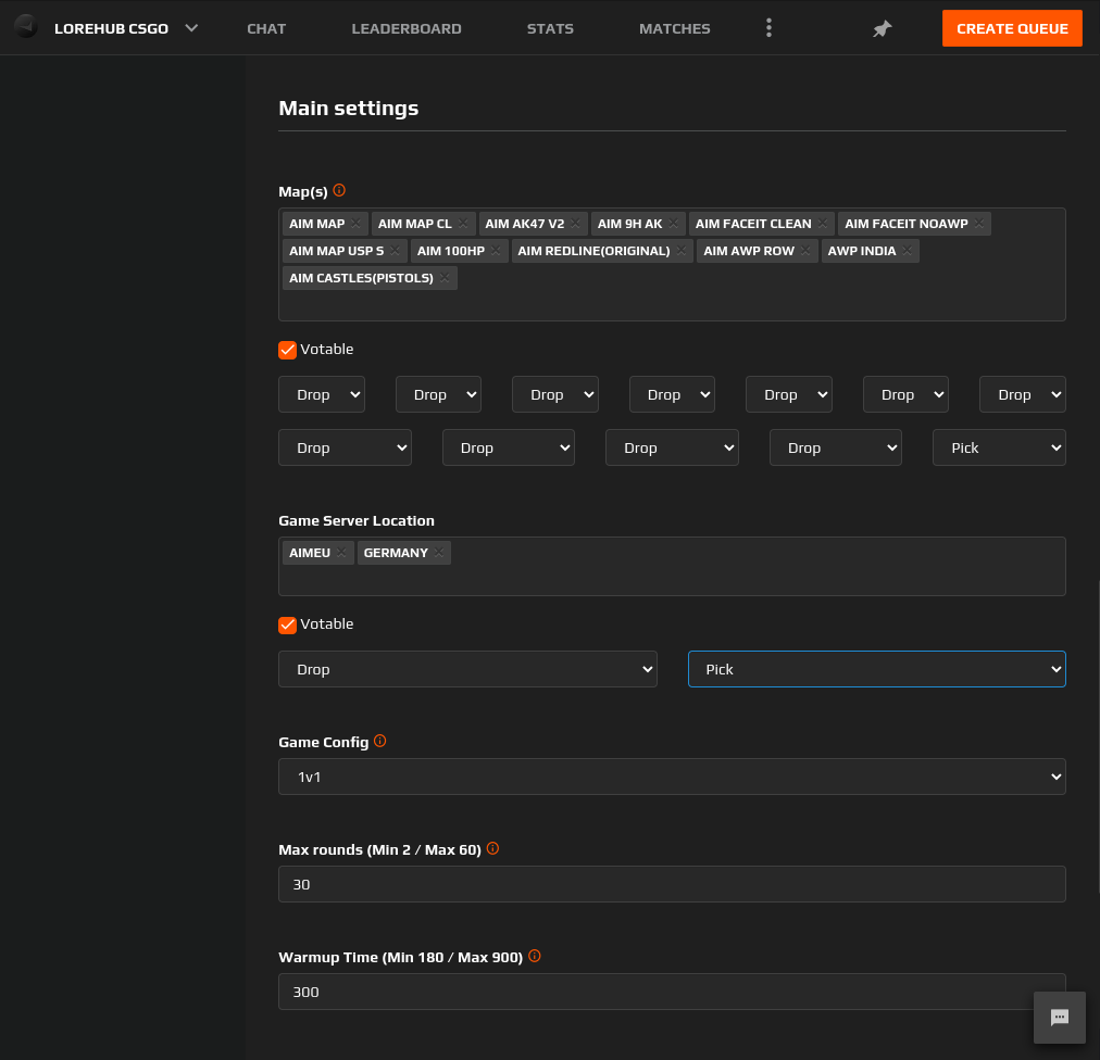 Queue and Match Settings